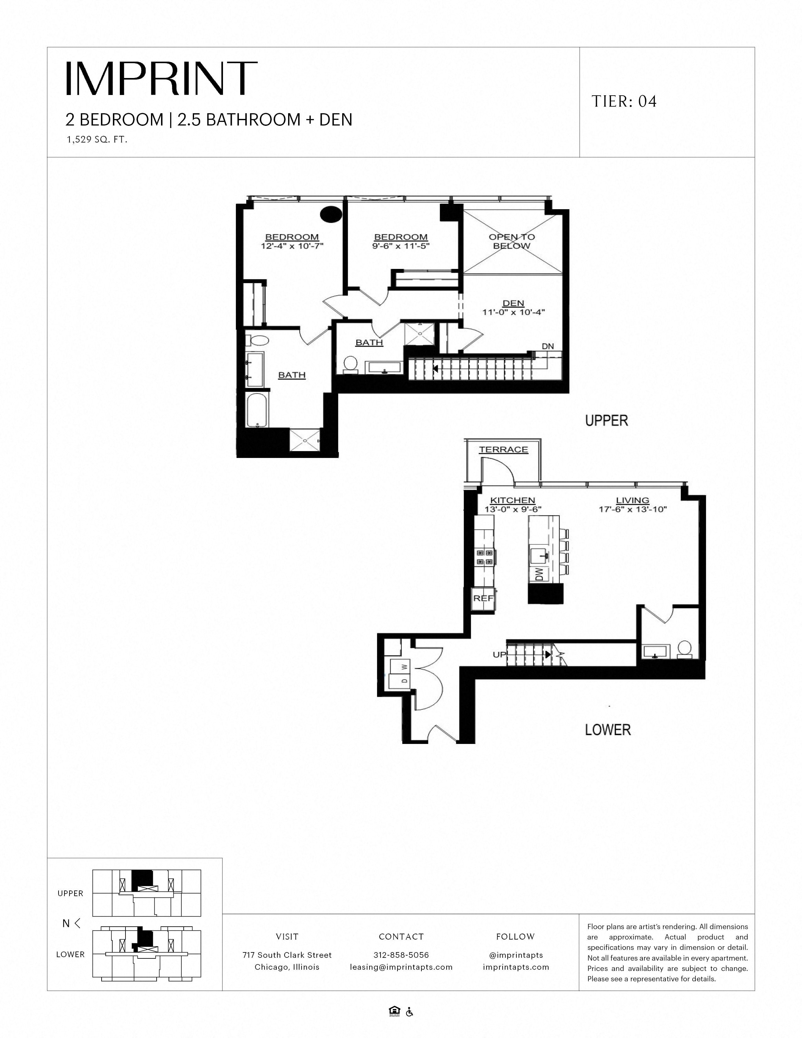 Floor plan for 2 beds, 2.5 baths, 1529 sqft